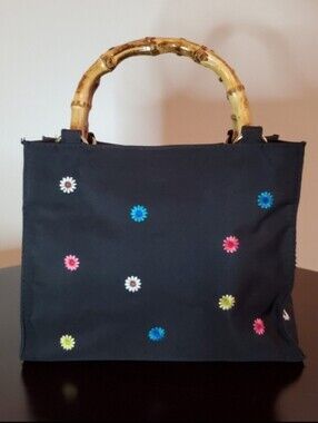 Black Floral Embroidered Satchel Bag with Real Bamboo Handles